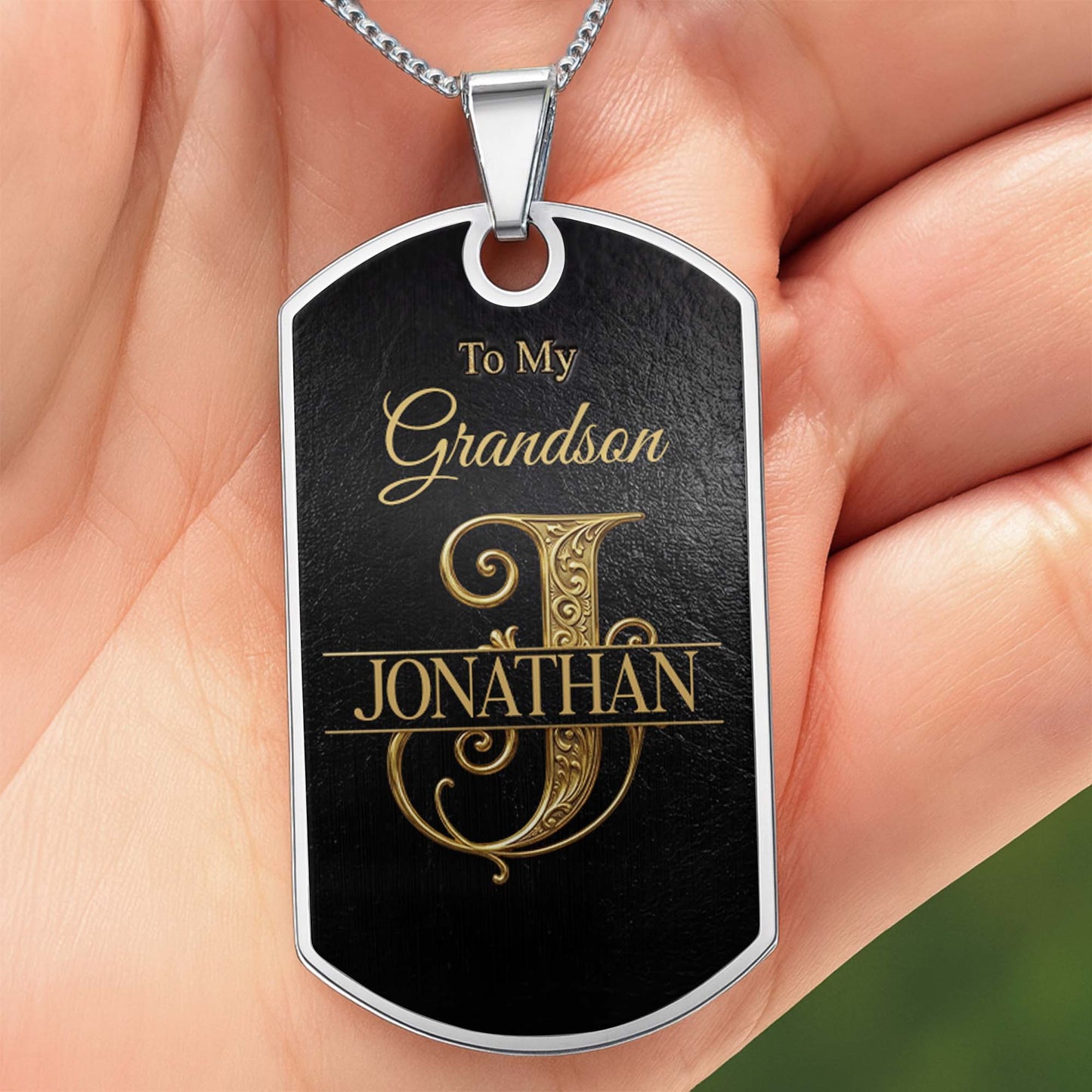 To My Grandson Initial Name With Vintage Gold Ornament - Personalized Custom Dog Tag Necklace - GSN097_DTNECK