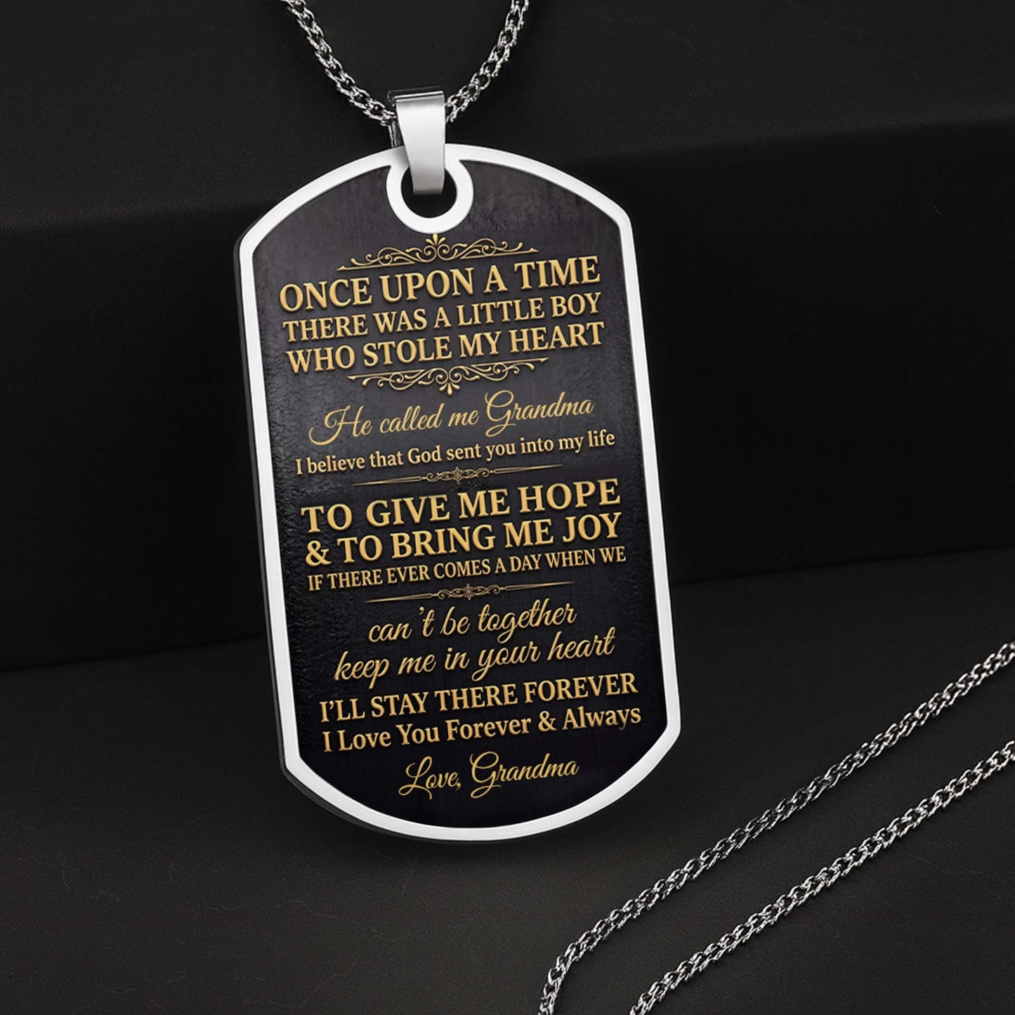 To My Grandson Initial Name With Vintage Gold Ornament - Personalized Custom Dog Tag Necklace - GSN097_DTNECK