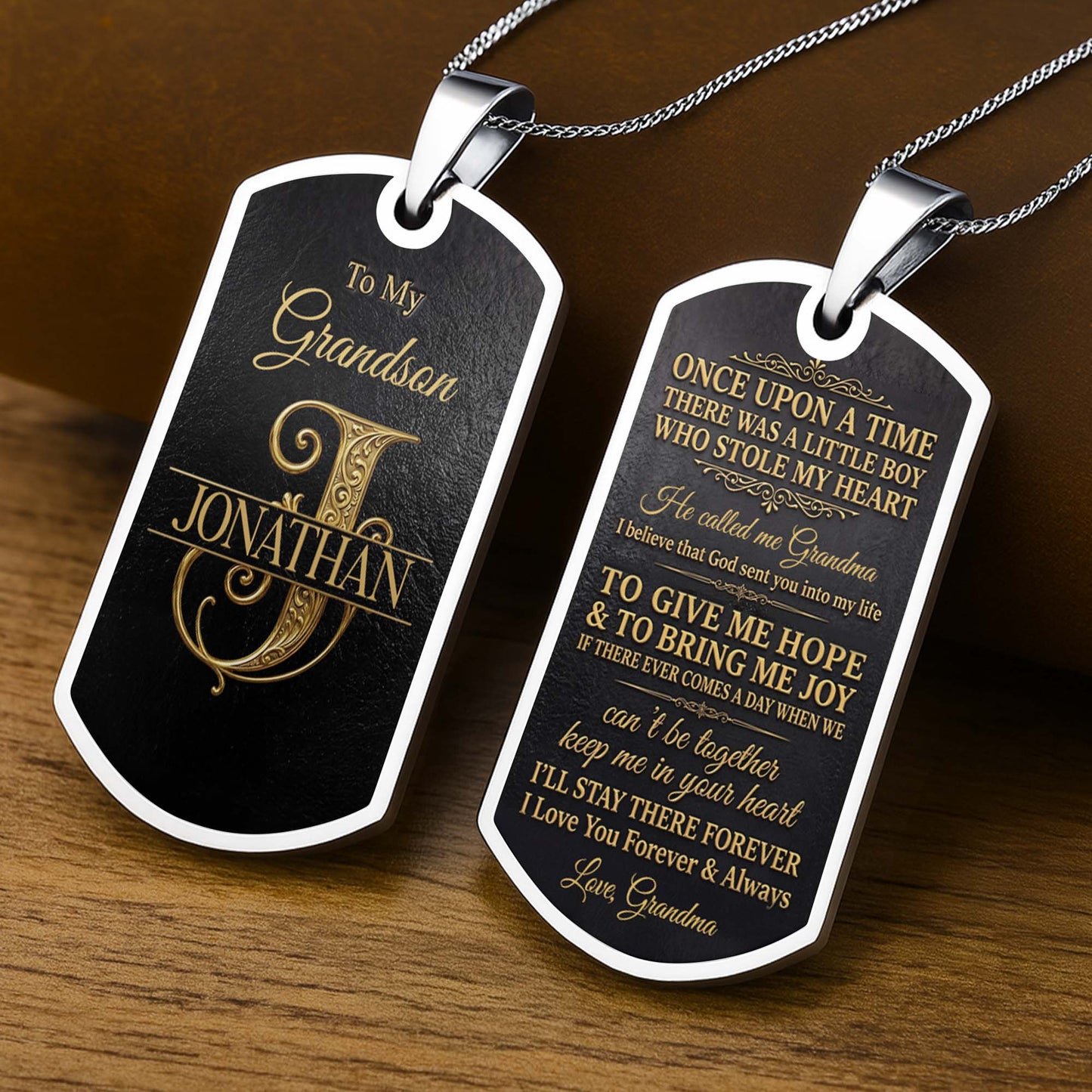 To My Grandson Initial Name With Vintage Gold Ornament - Personalized Custom Dog Tag Necklace - GSN097_DTNECK