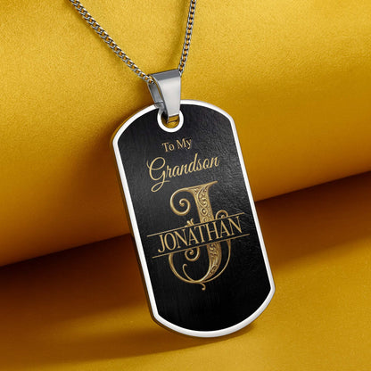 To My Grandson Initial Name With Vintage Gold Ornament - Personalized Custom Dog Tag Necklace - GSN097_DTNECK