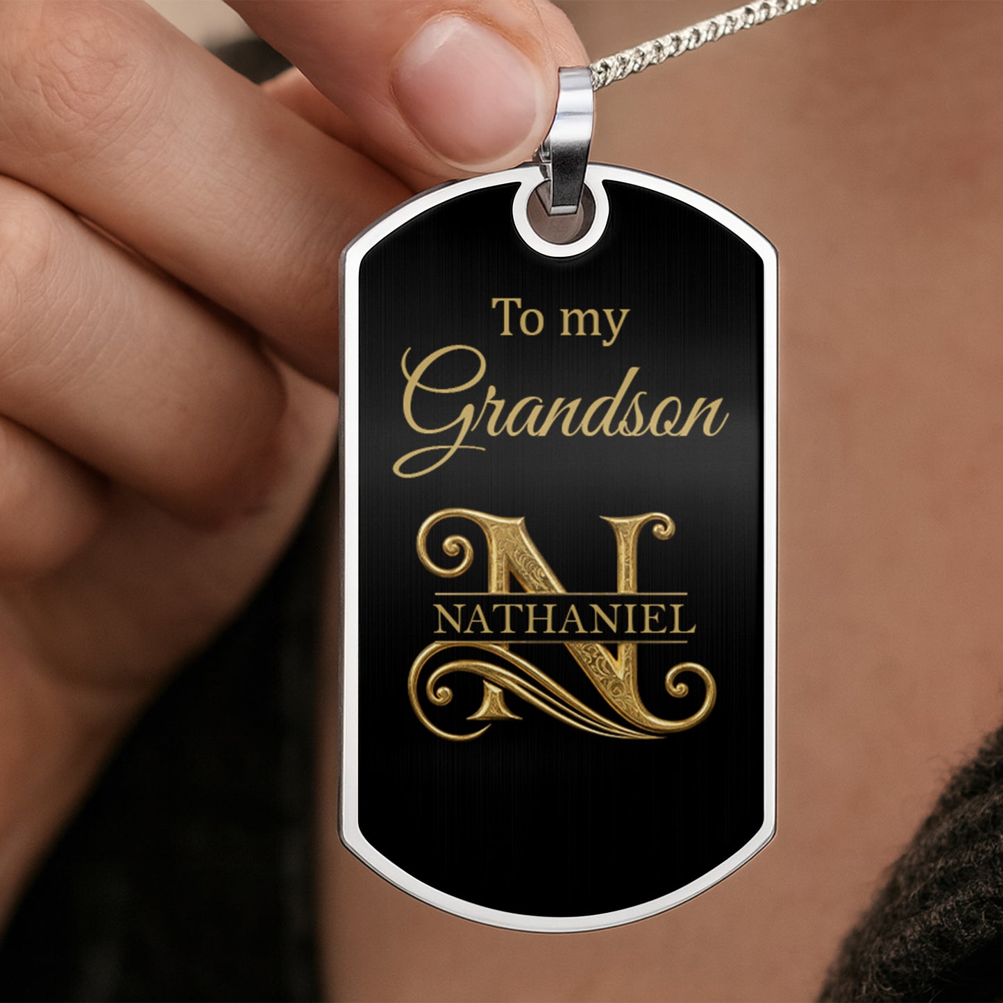 To My Grandson Elegant Monogram Initial Personalized Jewelry - Personalized Custom Dog Tag Necklace - GSN102_DTNECK