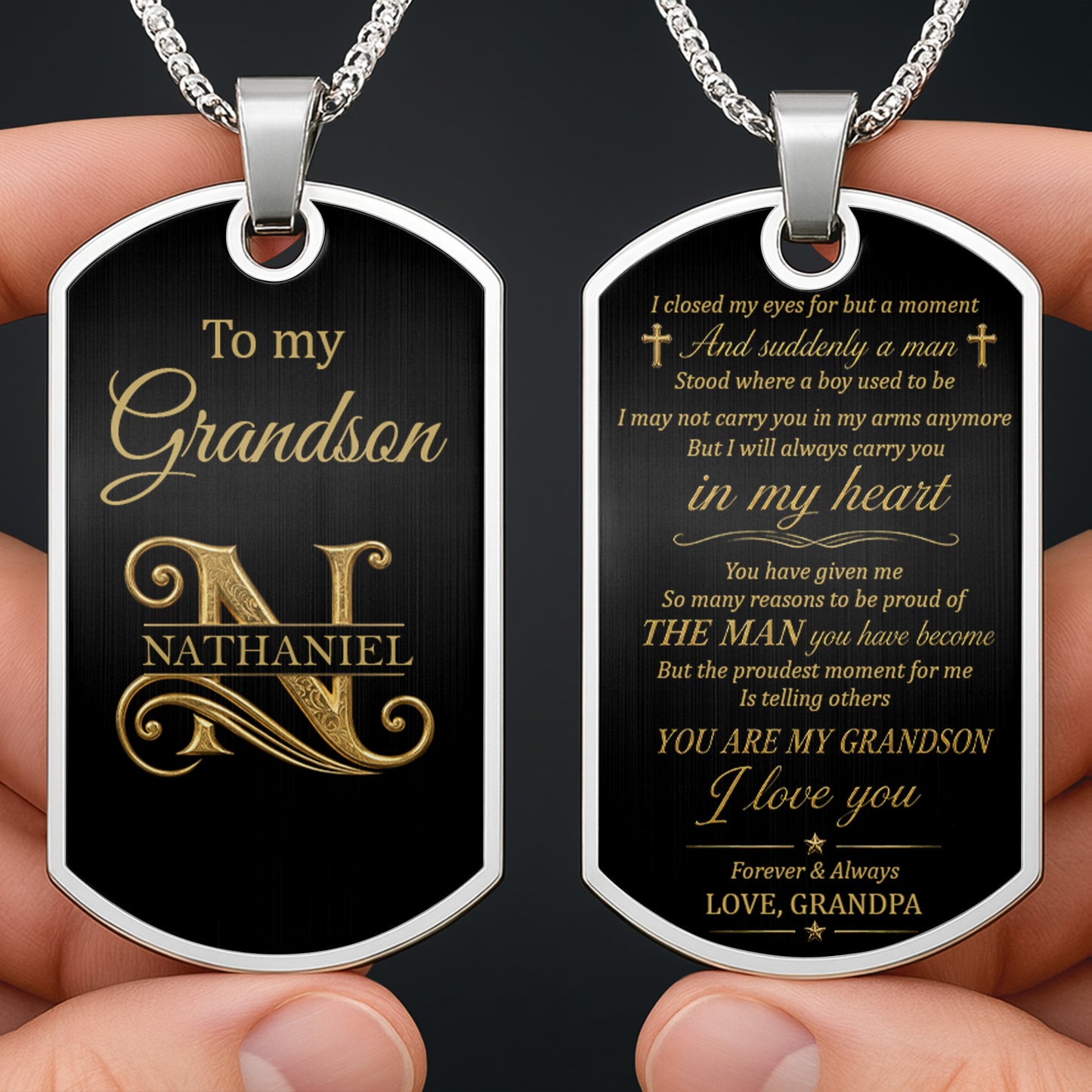 To My Grandson Elegant Monogram Initial Personalized Jewelry - Personalized Custom Dog Tag Necklace - GSN102_DTNECK