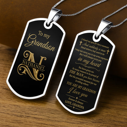 To My Grandson Elegant Monogram Initial Personalized Jewelry - Personalized Custom Dog Tag Necklace - GSN102_DTNECK