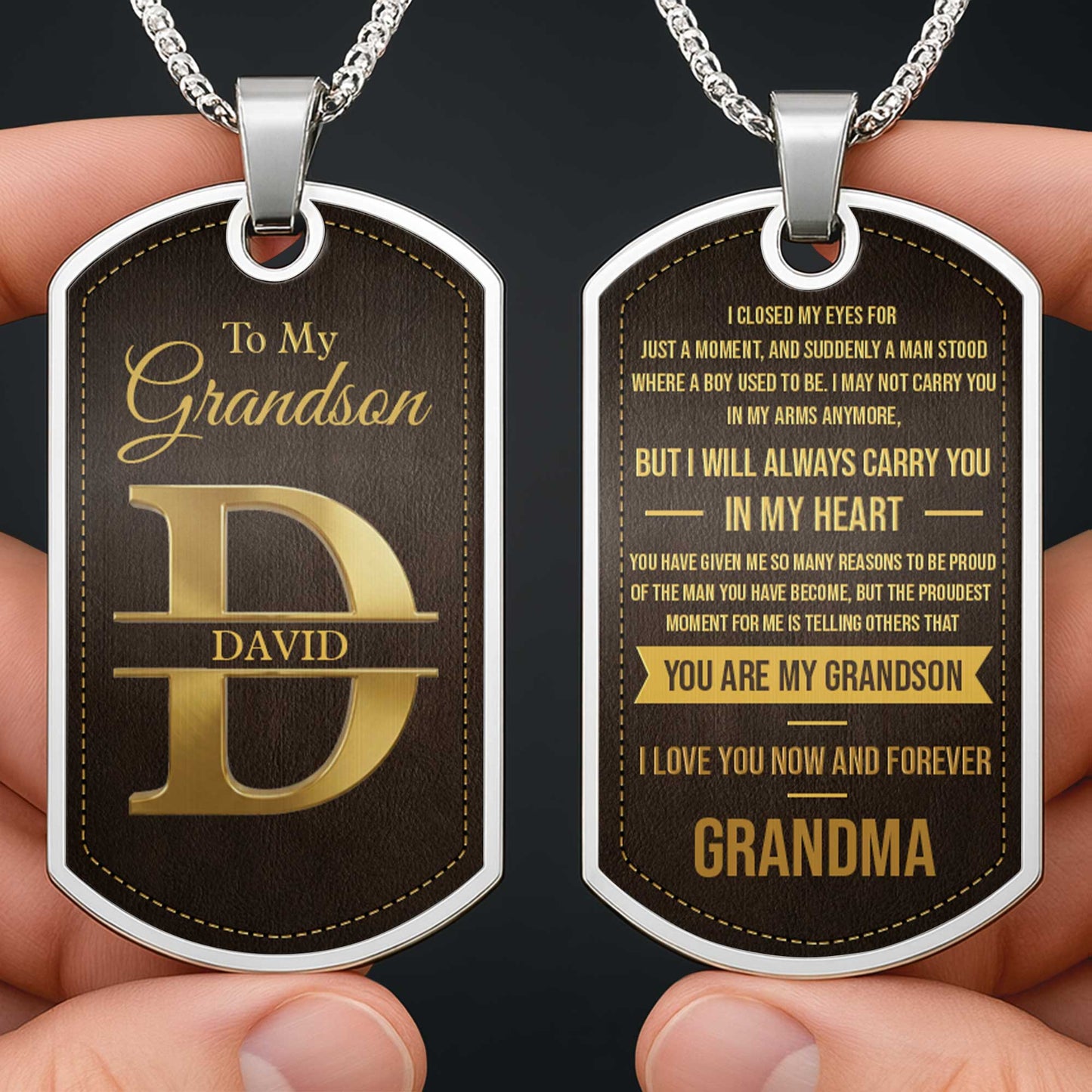 To My Grandson Always In My Heart Initial Monogram - Personalized Custom Dog Tag Necklace - GSN103_DTNECK