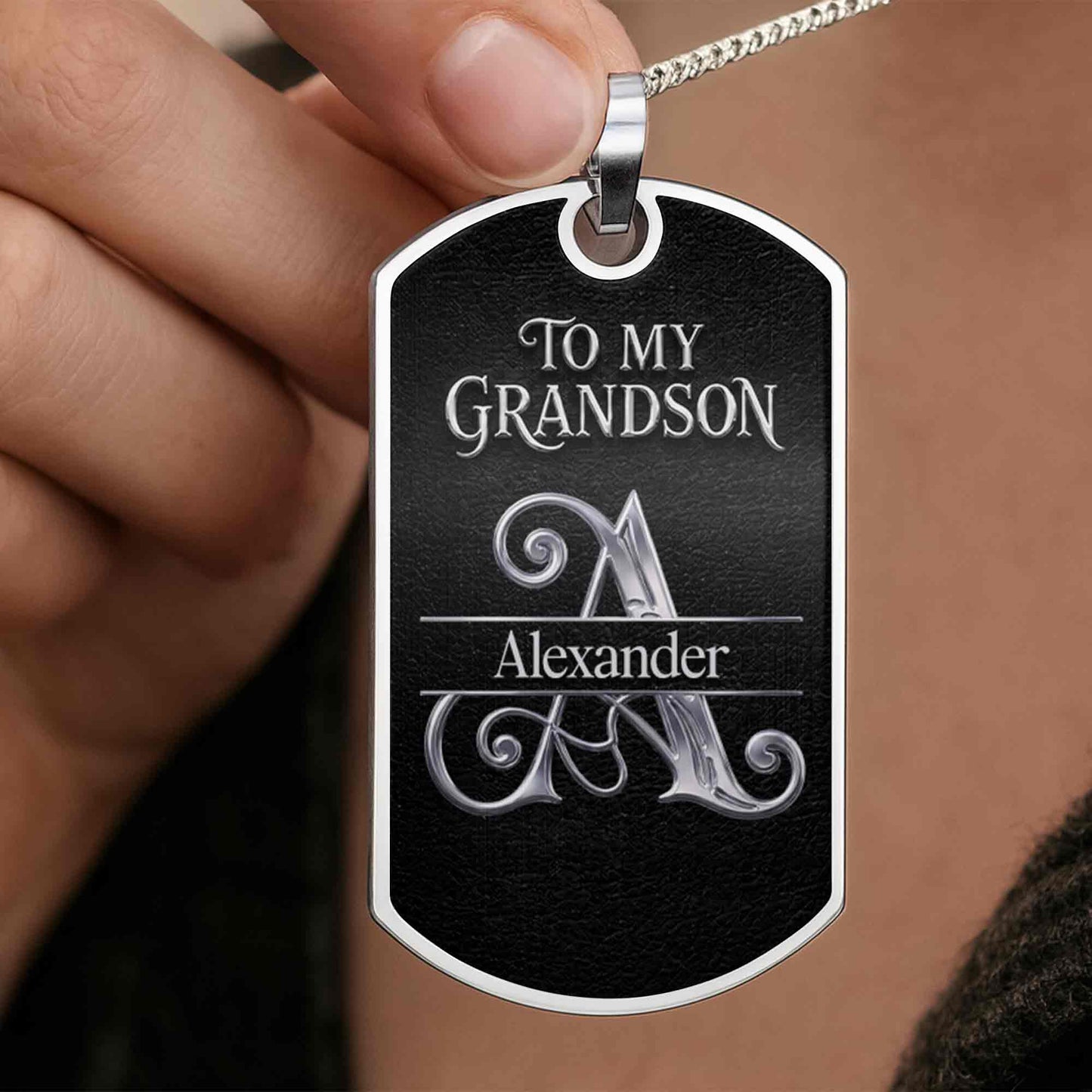 To My Grandson Never Forget How Much I Love You Custom Initial - Personalized Custom Dog Tag Necklace - GSN124_DTNECK