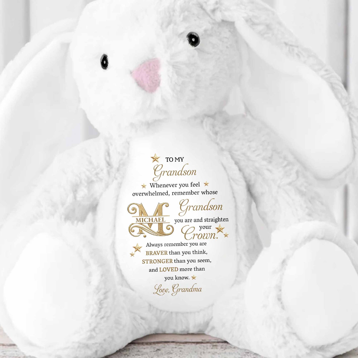 To My Grandson Straighten Your Crown Golden Stars And Alphabet - Personalized Stuffed Bunny - GSN136_BUN