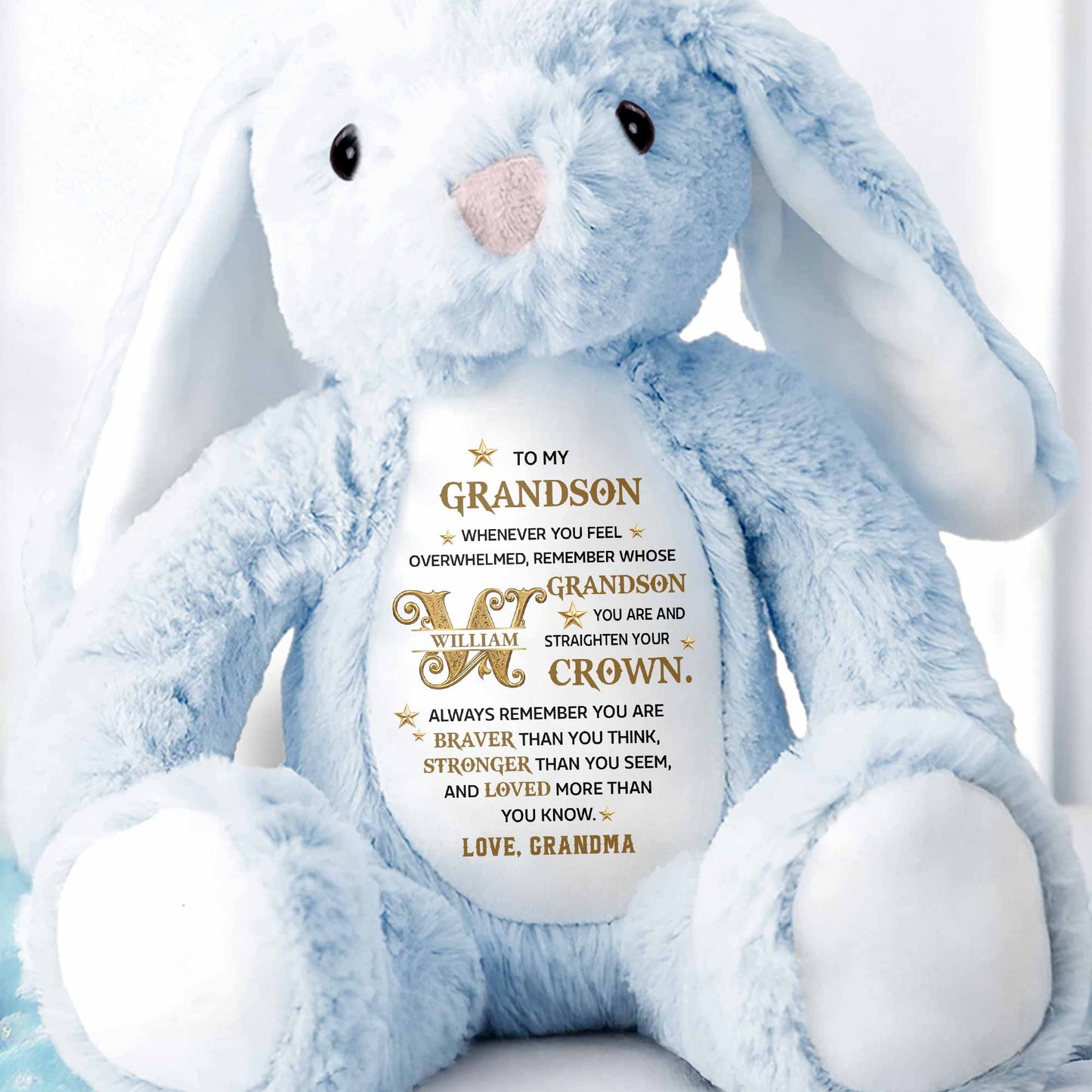 To My Grandson Straighten Your Crown Golden Alphabet Art - Personalized Stuffed Bunny - GSN137_BUN