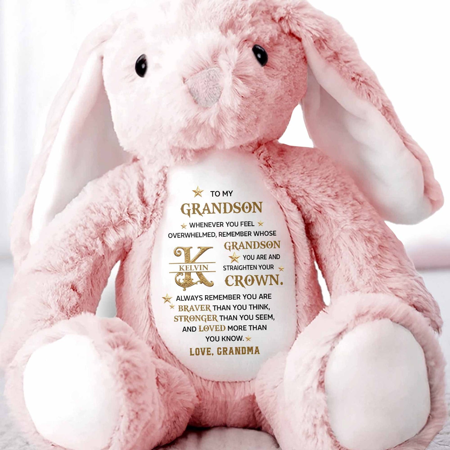 To My Grandson Straighten Your Crown Golden Alphabet Art - Personalized Stuffed Bunny - GSN137_BUN