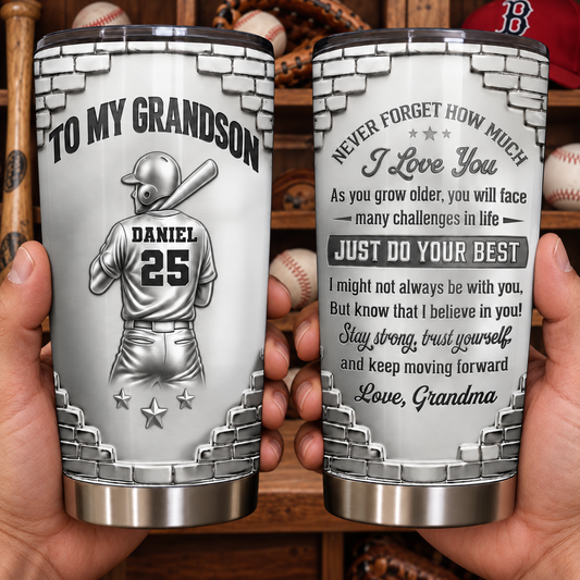 To My Grandson Never Forget I Love You Baseball Player And Bat - Personalized Custom Stainless Steel Tumbler 20oz - GSN177_USTUM