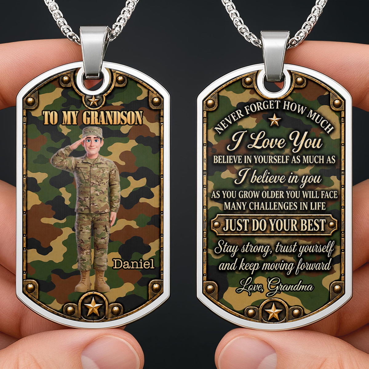 To My Grandson Soldier Camouflage Military Personalized Art - Personalized Custom Dog Tag Necklace - GSN193_DTNECK