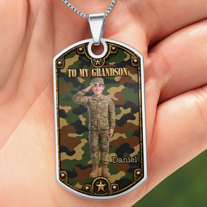 To My Grandson Soldier Camouflage Military Personalized Art - Personalized Custom Dog Tag Necklace - GSN193_DTNECK