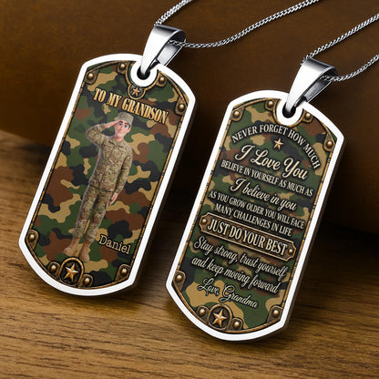 To My Grandson Soldier Camouflage Military Personalized Art - Personalized Custom Dog Tag Necklace - GSN193_DTNECK