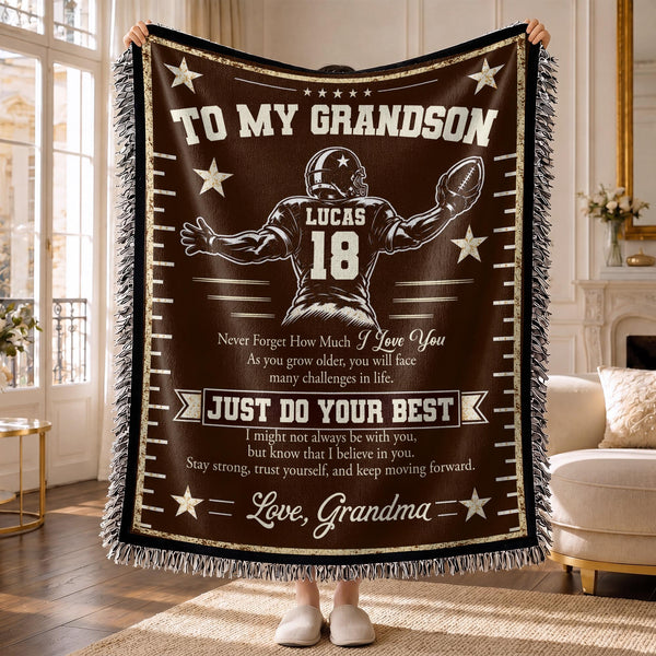 To My Grandson Just Do Your Best Football Player Stars - Personalized Woven Blanket - GSN199_WOBLK
