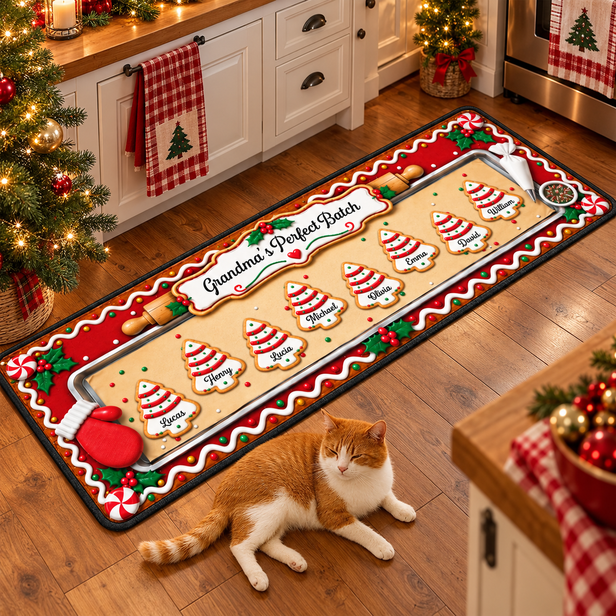 Grandma's Perfect Batch Christmas Tree Cookies And Baking Mat - Personalized Runner Rug - GRM164_RRUG