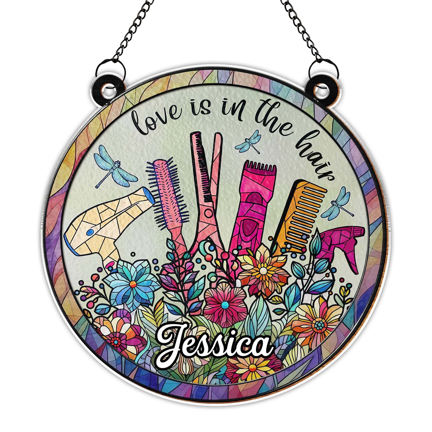 Love Is In The Hair Scissors And Styling Tools With Flowers - Personalized Custom Suncatcher - HAIR011_CSUN