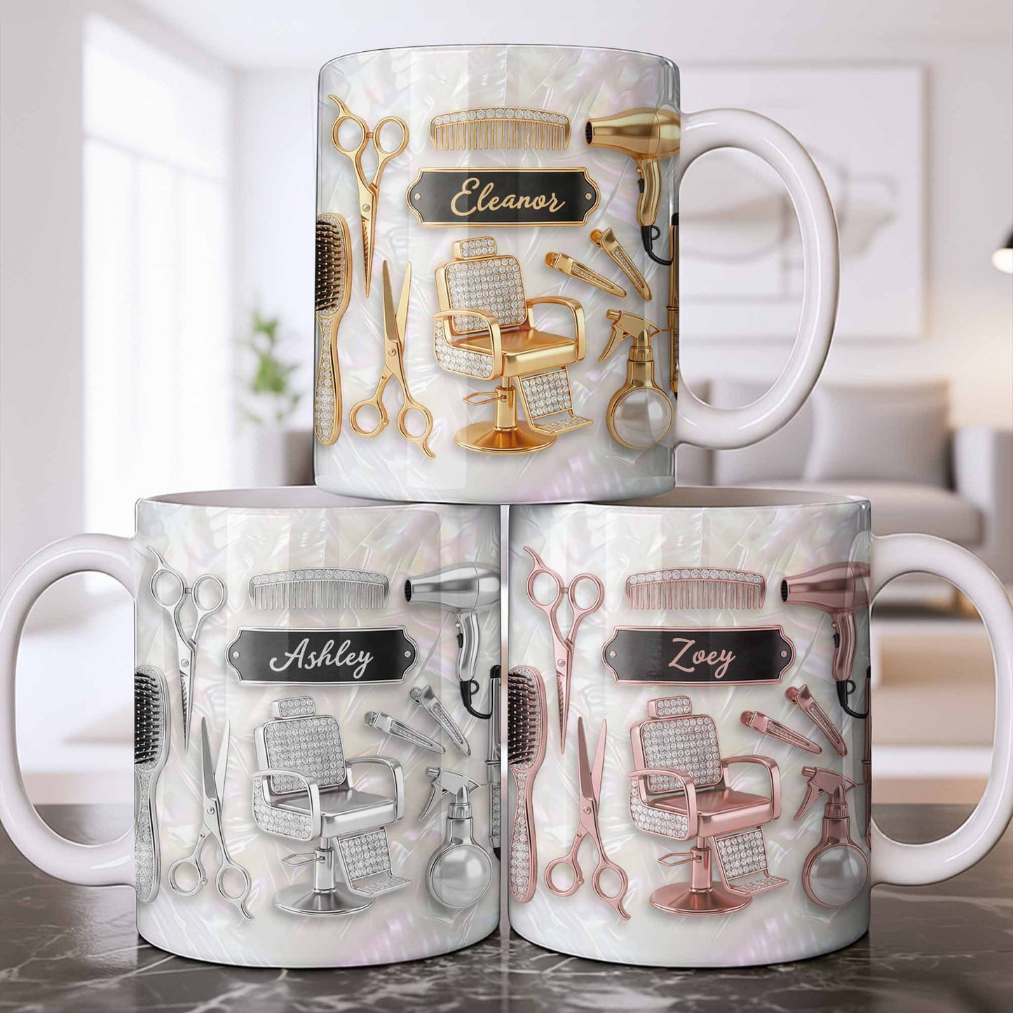 A Talented Hair Stylist Golden Tools And Mother Of Pearl Mosaic - Personalized Custom Coffee Mug - HAIR065_MG