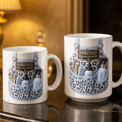 Hairstylist Style Love Your Hair Leopard Pattern Apron And Scissors - Personalized Custom Coffee Mug - HAIR143_MG
