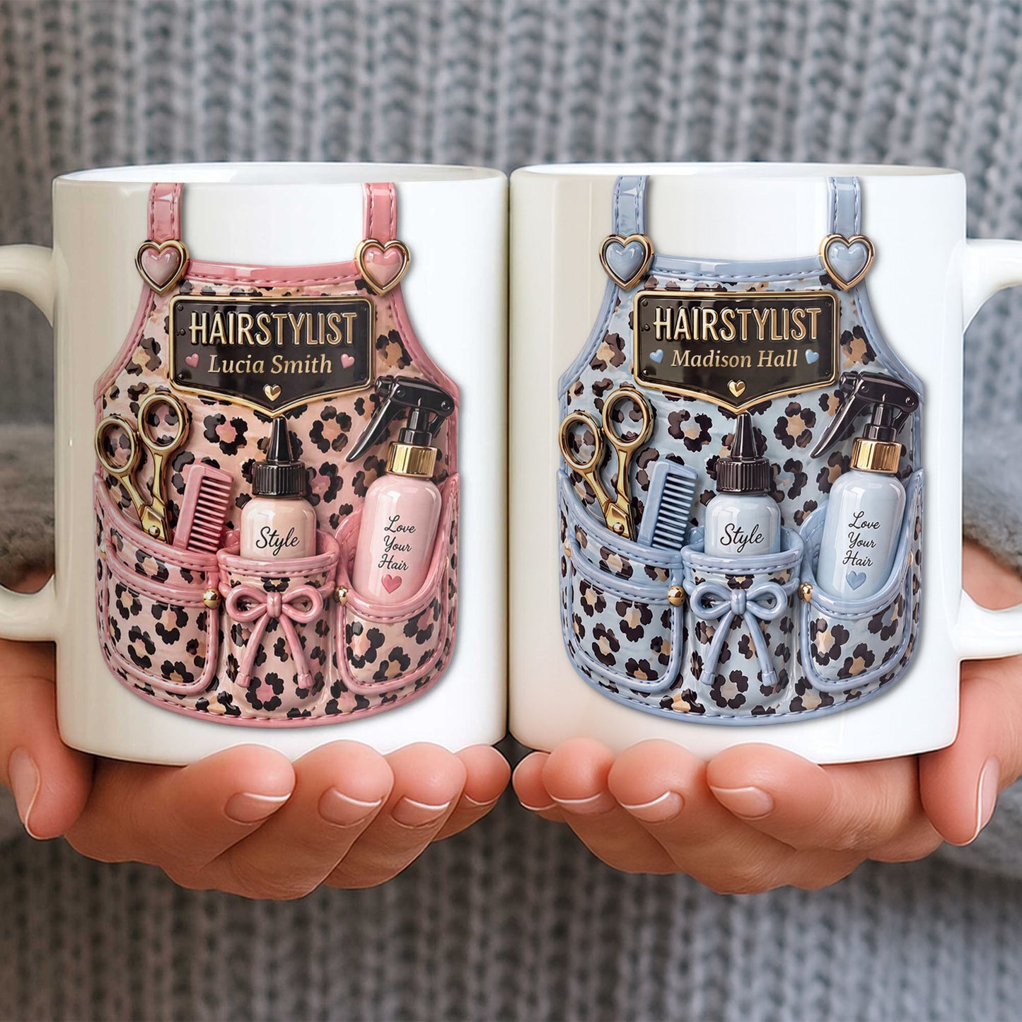 Hairstylist Style Love Your Hair Leopard Pattern Apron And Scissors - Personalized Custom Coffee Mug - HAIR143_MG