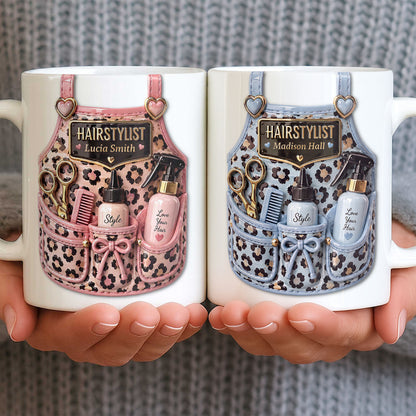 Hairstylist Style Love Your Hair Leopard Pattern Apron And Scissors - Personalized Custom Coffee Mug - HAIR143_MG