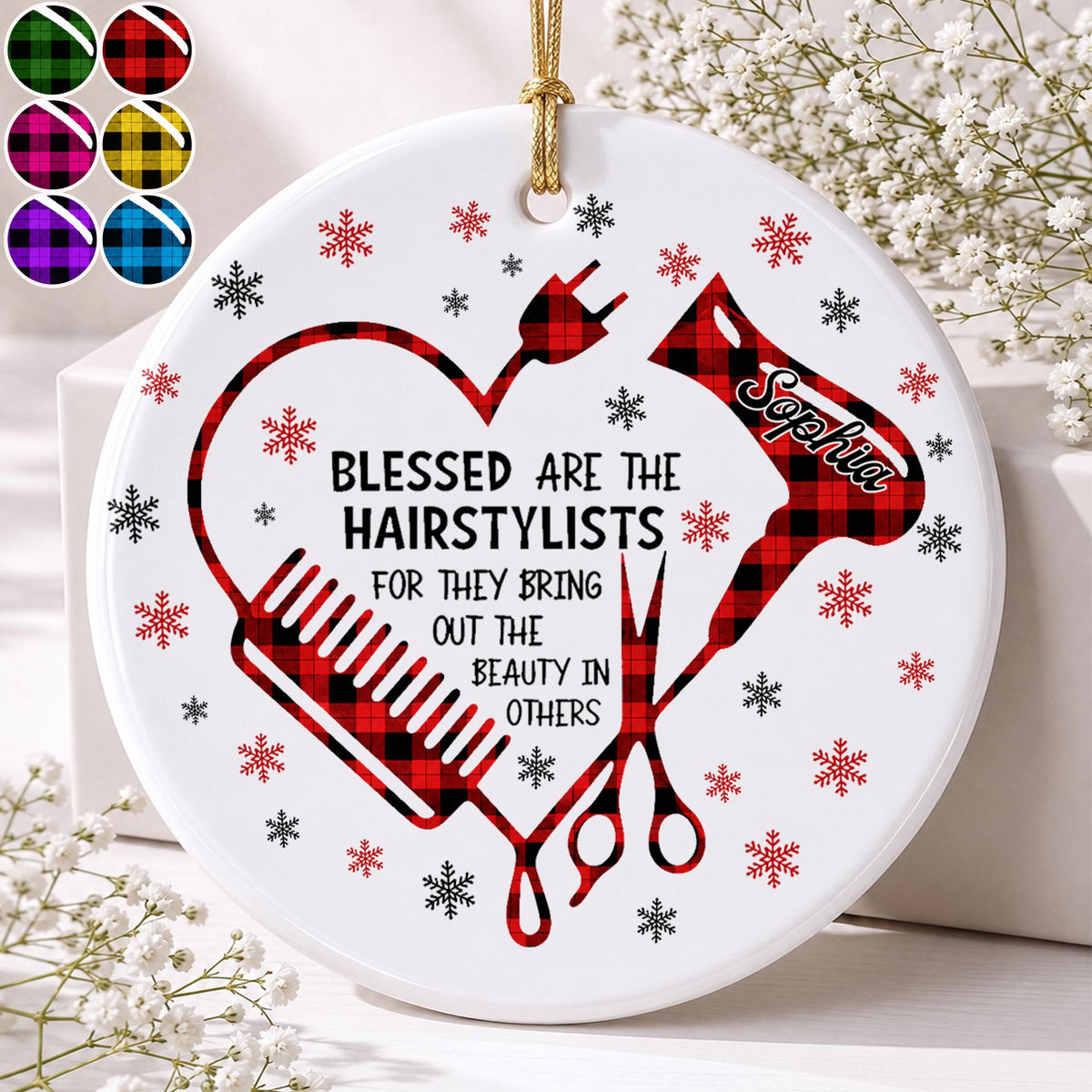 Blessed Hairstylist Hair Tools Plaid Ornament - Personalized Custom Ceramic Ornament With Round Shape - HAIR191_RCE
