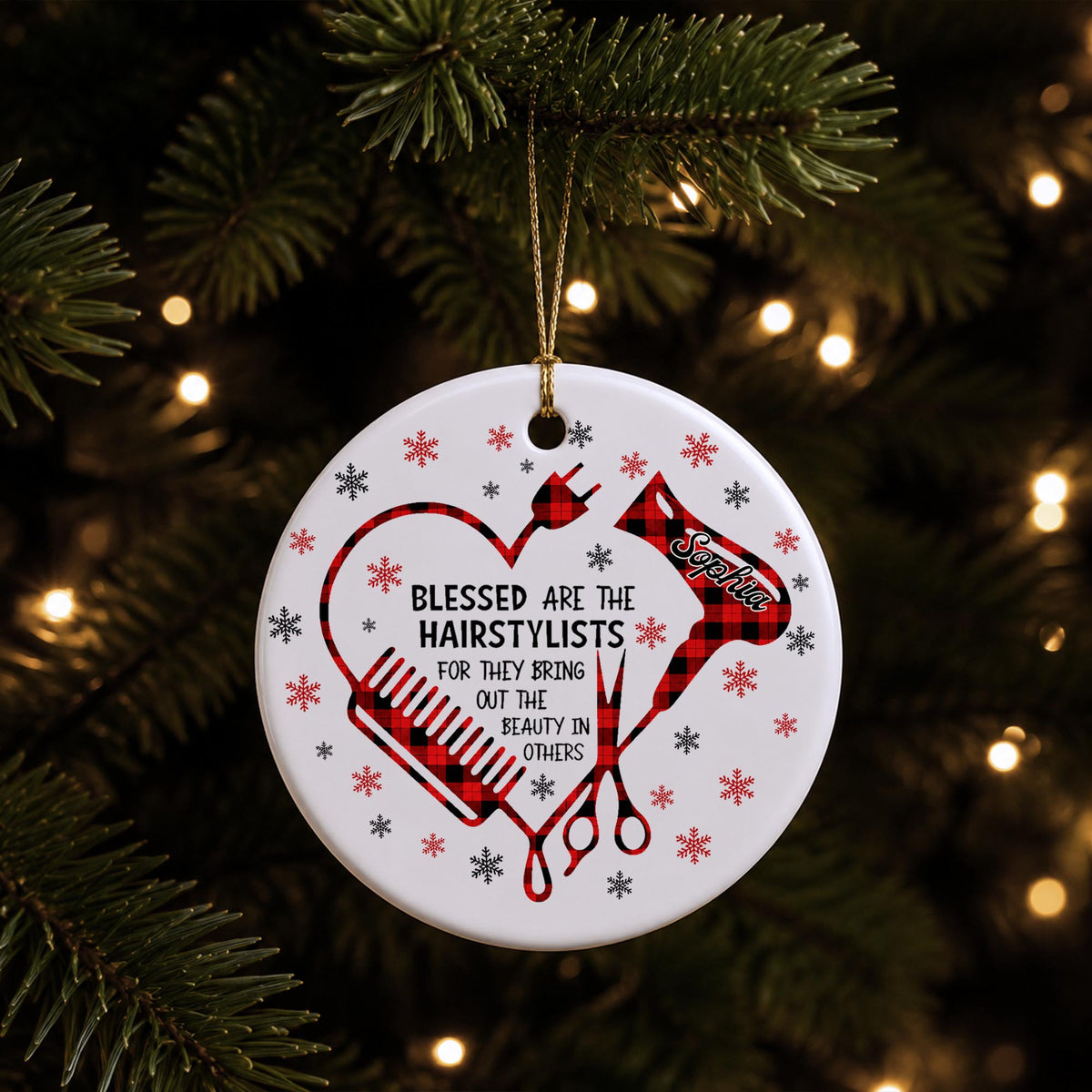 Blessed Hairstylist Hair Tools Plaid Ornament - Personalized Custom Ceramic Ornament With Round Shape - HAIR191_RCE