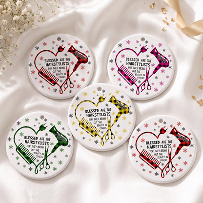 Blessed Hairstylist Hair Tools Plaid Ornament - Personalized Custom Ceramic Ornament With Round Shape - HAIR191_RCE