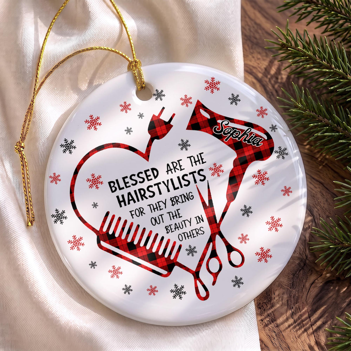 Blessed Hairstylist Hair Tools Plaid Ornament - Personalized Custom Ceramic Ornament With Round Shape - HAIR191_RCE