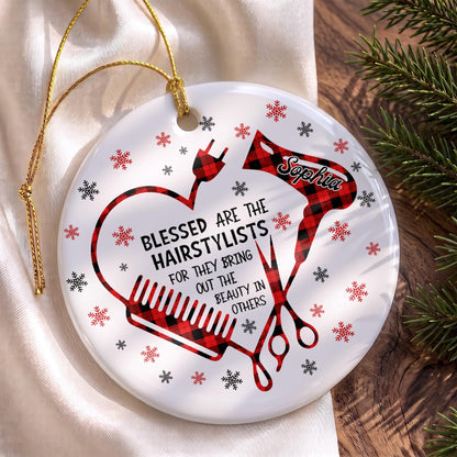 Blessed Hairstylist Hair Tools Plaid Ornament - Personalized Custom Ceramic Ornament With Round Shape - HAIR191_RCE