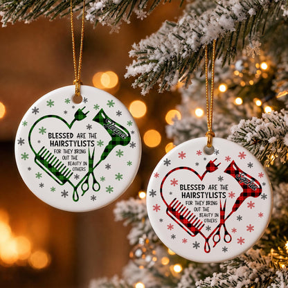 Blessed Hairstylist Hair Tools Plaid Ornament - Personalized Custom Ceramic Ornament With Round Shape - HAIR191_RCE