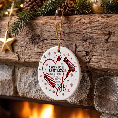 Blessed Hairstylist Hair Tools Plaid Ornament - Personalized Custom Ceramic Ornament With Round Shape - HAIR191_RCE
