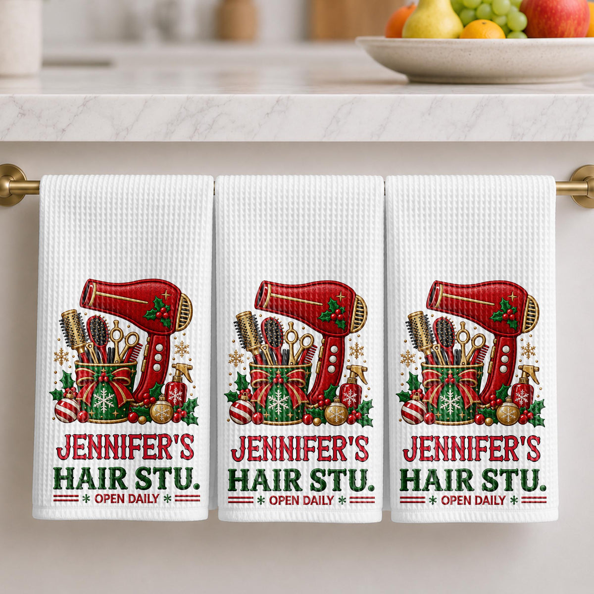 My Hair Stu. Open Daily With Salon Tools And Christmas Ornaments - Personalized Kitchen Towel - HAIR252_TOWL