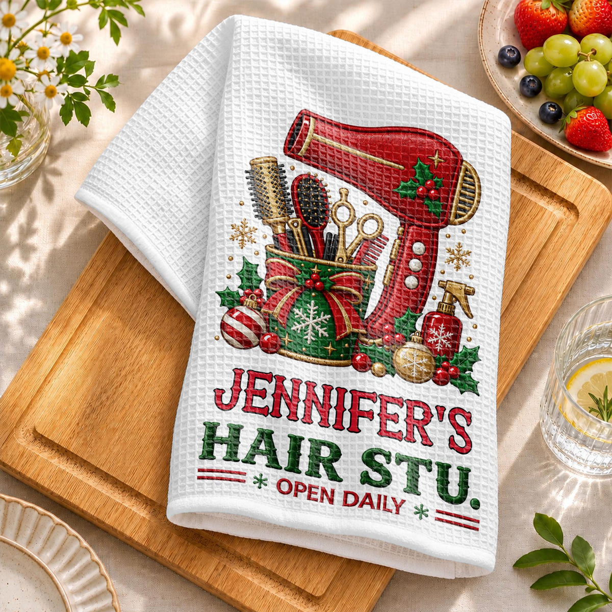 My Hair Stu. Open Daily With Salon Tools And Christmas Ornaments - Personalized Kitchen Towel - HAIR252_TOWL