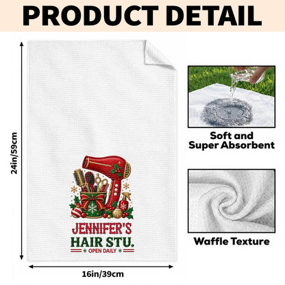My Hair Stu. Open Daily With Salon Tools And Christmas Ornaments - Personalized Kitchen Towel - HAIR252_TOWL
