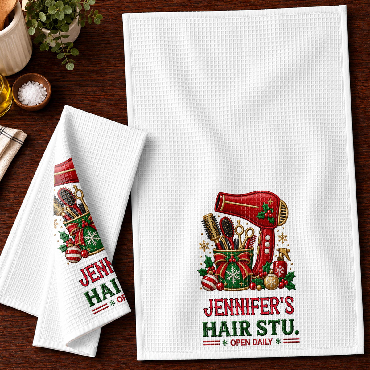 My Hair Stu. Open Daily With Salon Tools And Christmas Ornaments - Personalized Kitchen Towel - HAIR252_TOWL