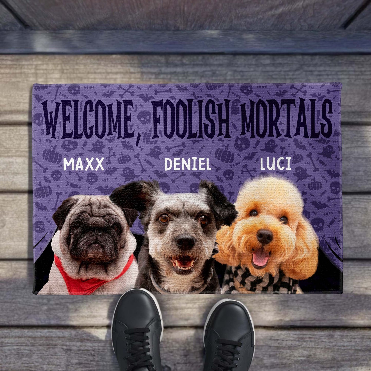 Welcome Foolish Mortals With Dogs And Spooky Background
