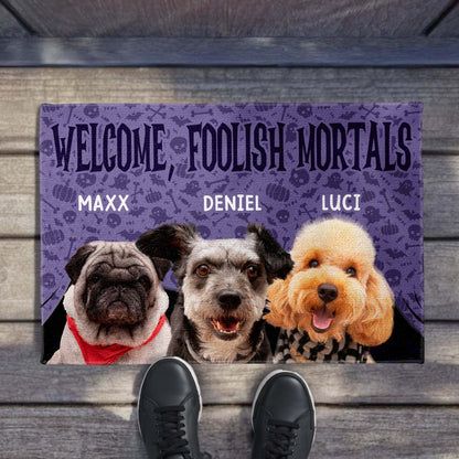 Welcome Foolish Mortals With Dogs And Spooky Background