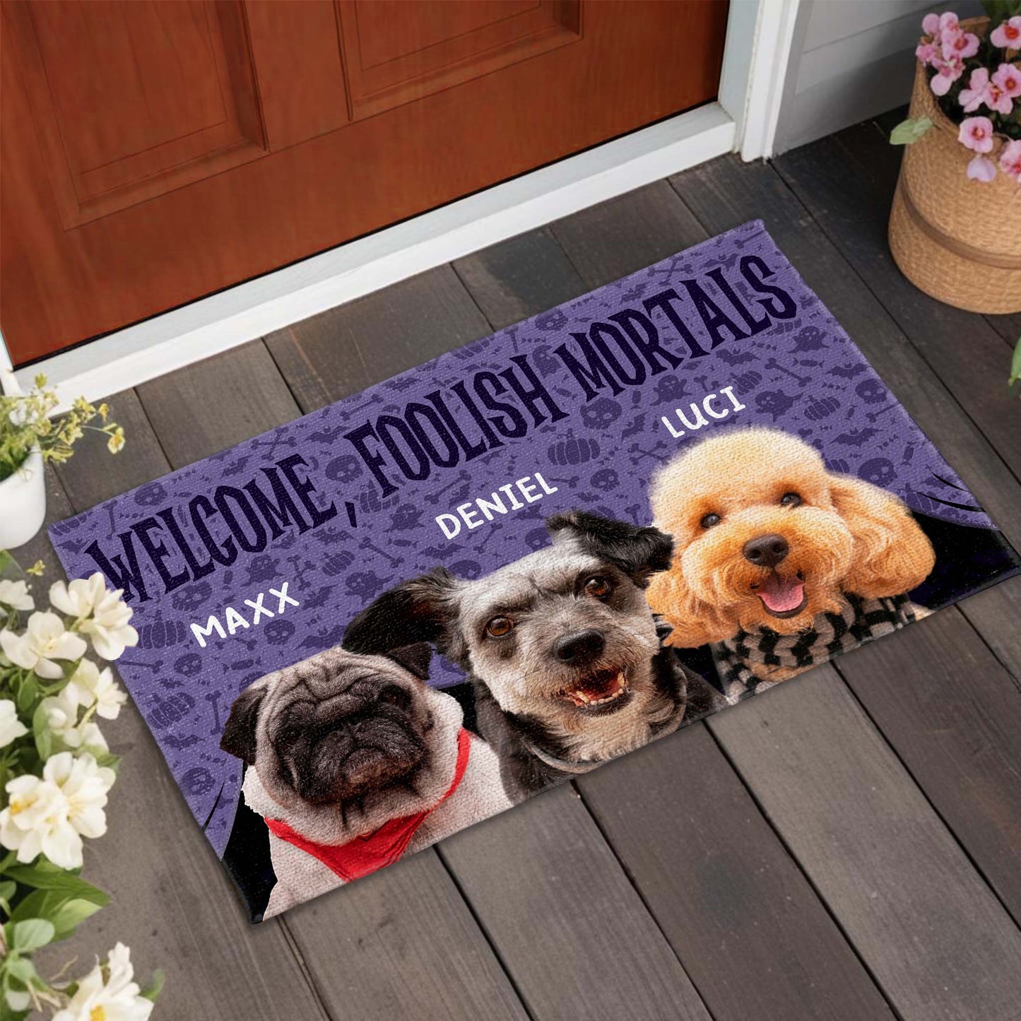 Welcome Foolish Mortals With Dogs And Spooky Background