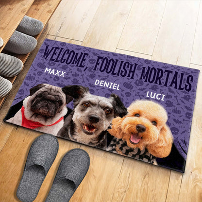 Welcome Foolish Mortals With Dogs And Spooky Background