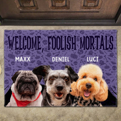 Welcome Foolish Mortals With Dogs And Spooky Background