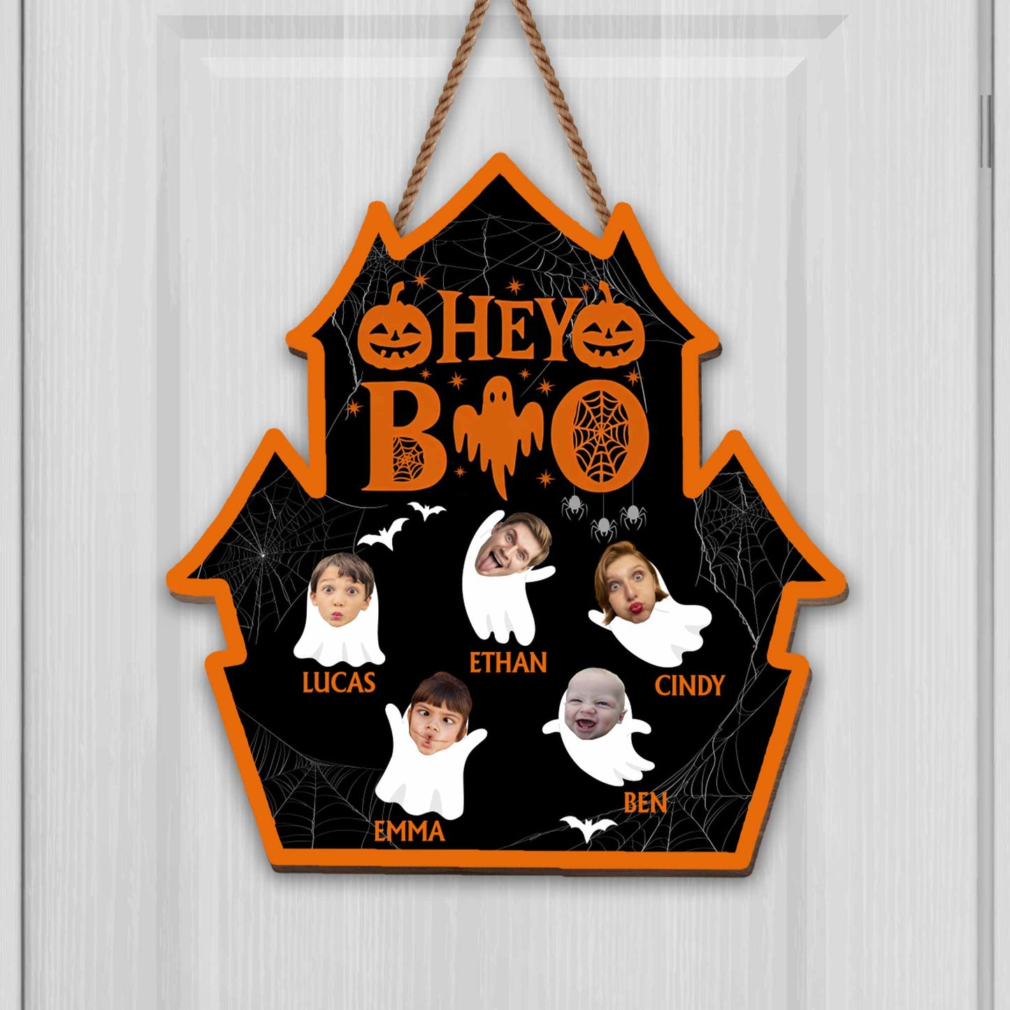 Hey Boo, Family Halloween Sign With Pumpkins And Ghosts