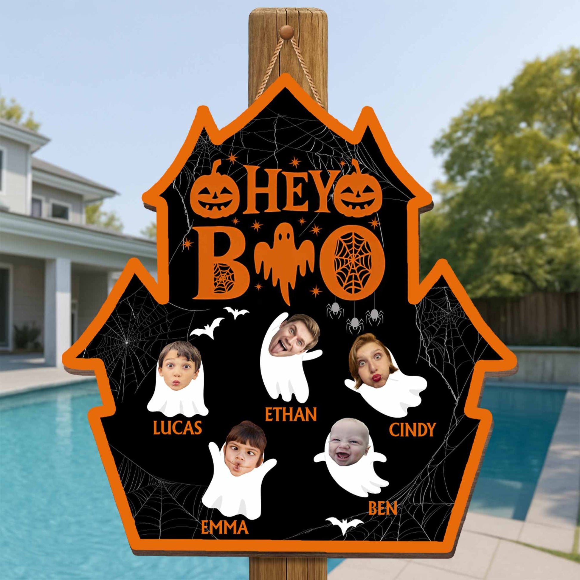 Hey Boo, Family Halloween Sign With Pumpkins And Ghosts