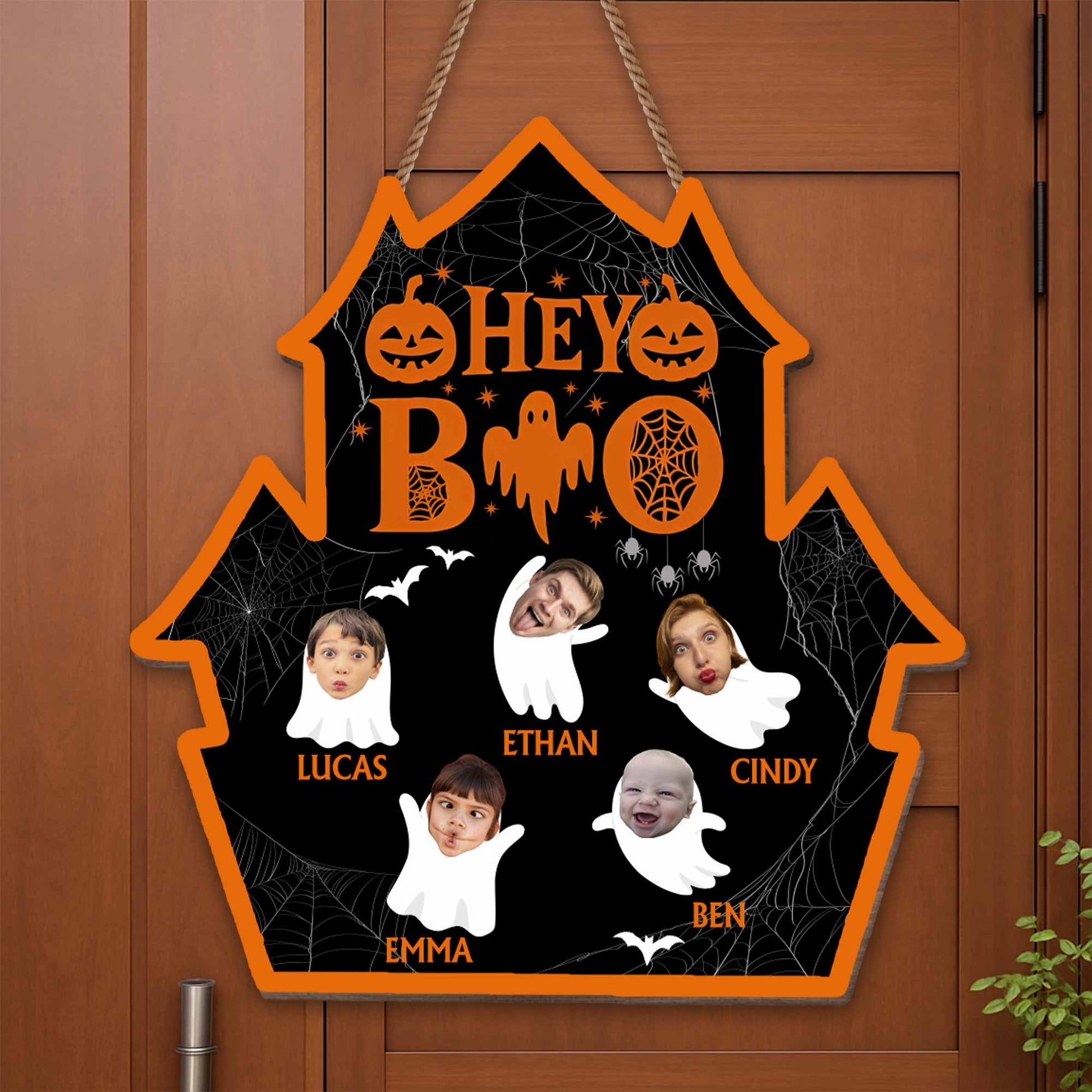 Hey Boo, Family Halloween Sign With Pumpkins And Ghosts