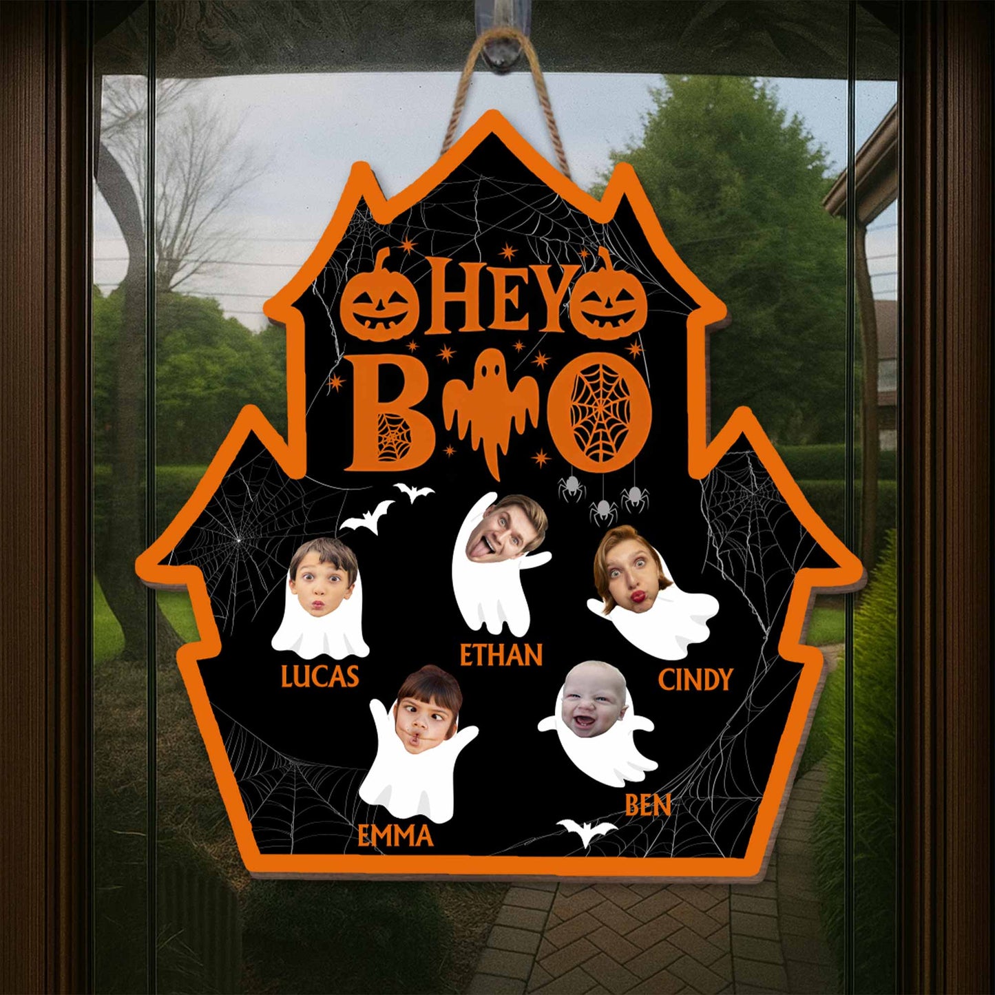 Hey Boo, Family Halloween Sign With Pumpkins And Ghosts
