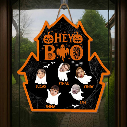 Hey Boo, Family Halloween Sign With Pumpkins And Ghosts