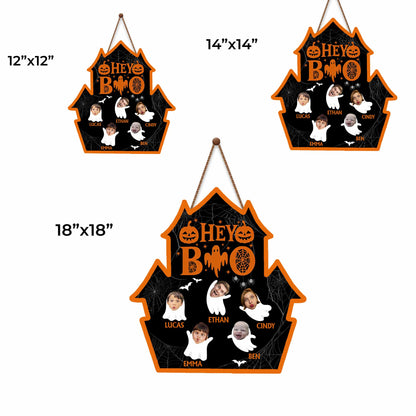 Hey Boo, Family Halloween Sign With Pumpkins And Ghosts