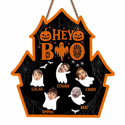 Hey Boo, Family Halloween Sign With Pumpkins And Ghosts