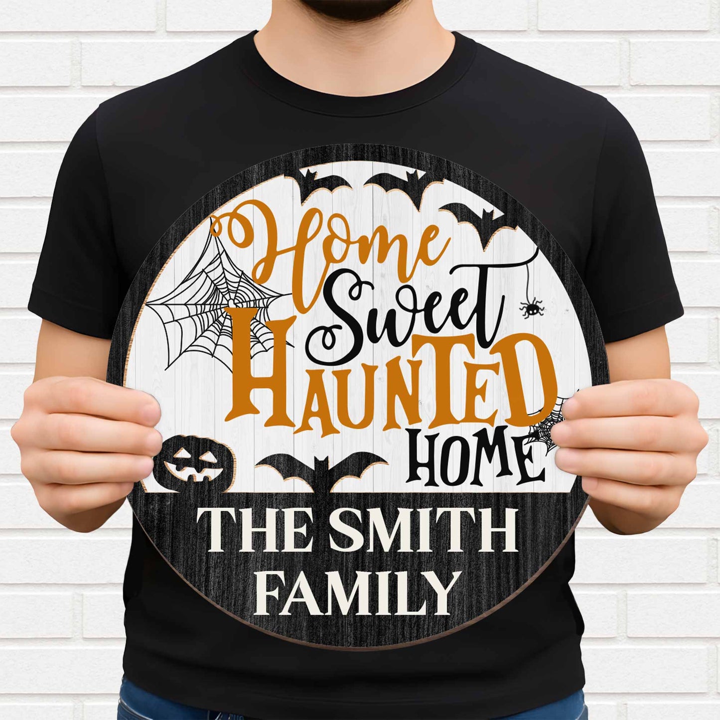 Home Sweet Haunted Home With Spider Web, Bat, And Pumpkin