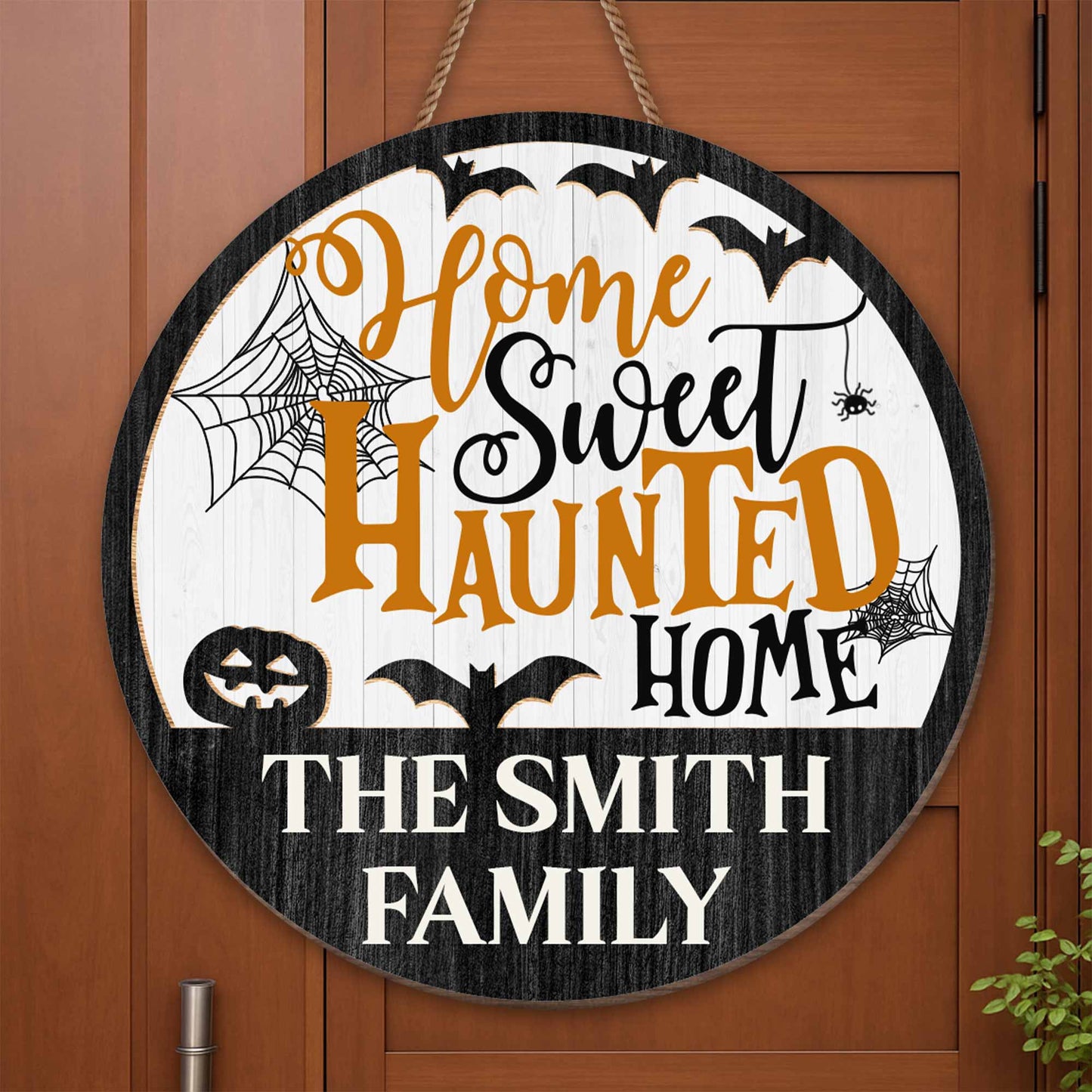 Home Sweet Haunted Home With Spider Web, Bat, And Pumpkin