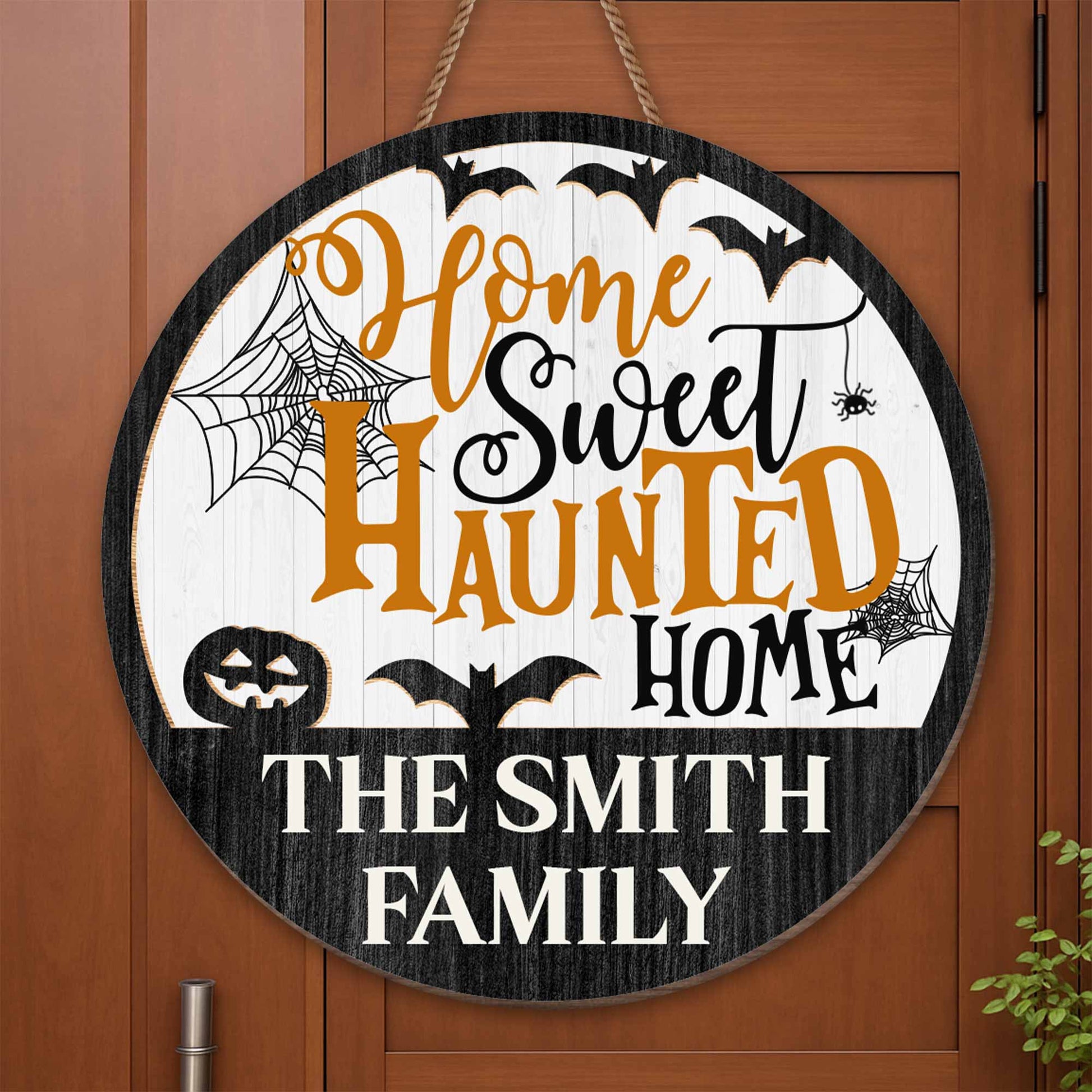 Home Sweet Haunted Home With Spider Web, Bat, And Pumpkin