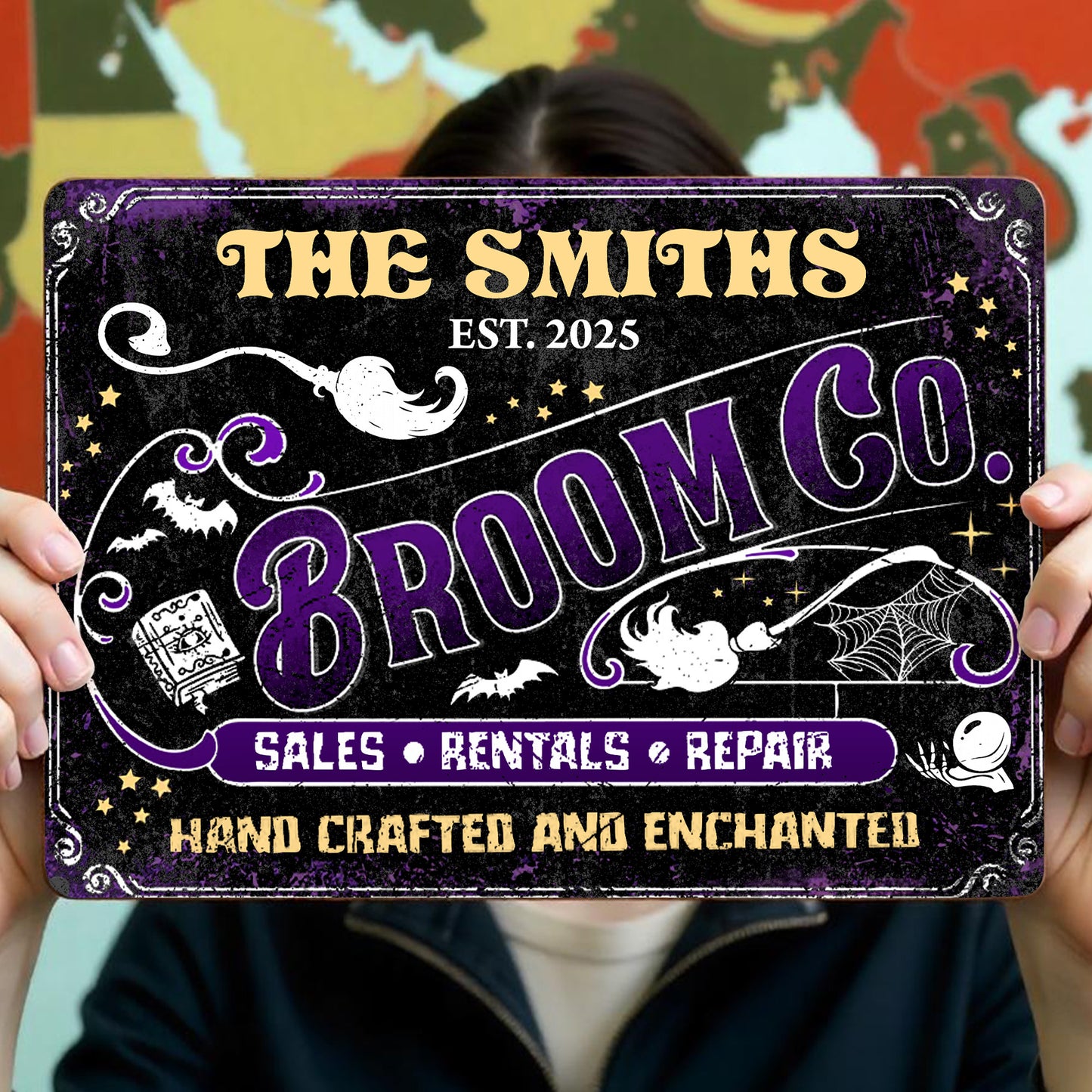 Sales Rentals And Repair Hand Crafted And Enchanted Broom Bat Ghost - Personalized Metal Sign - HALW030_MSIGN